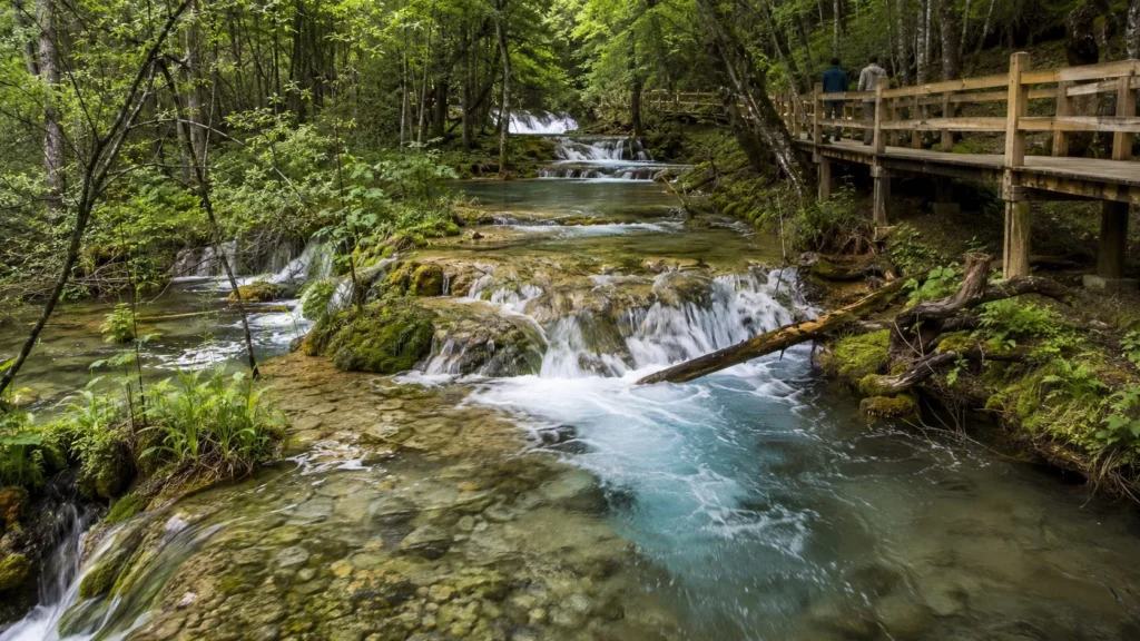 九寨溝森林、瀑布與清澈水景