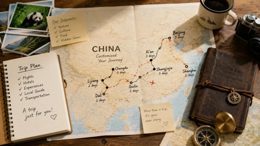 Customized China journey planning map with travel notes