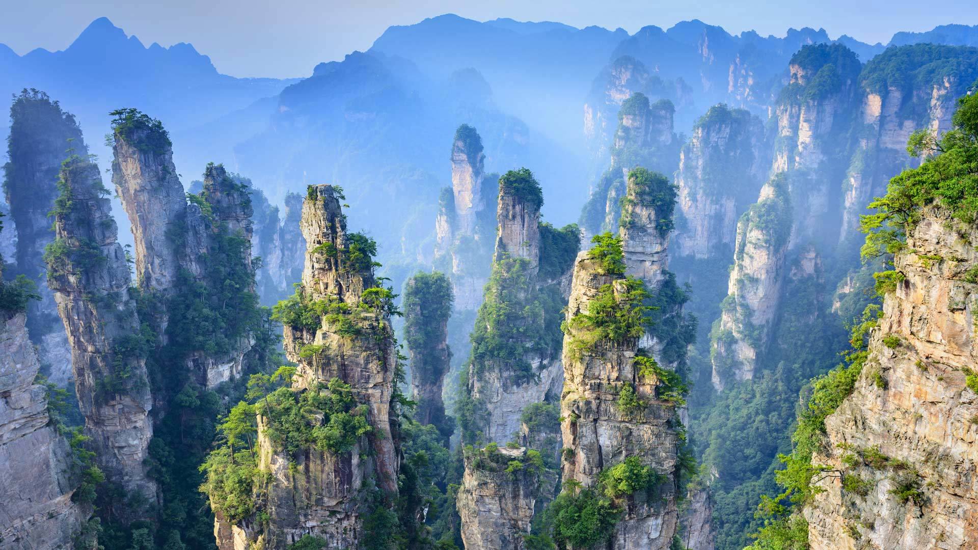 Zhangjiajie sandstone pillars in morning mist