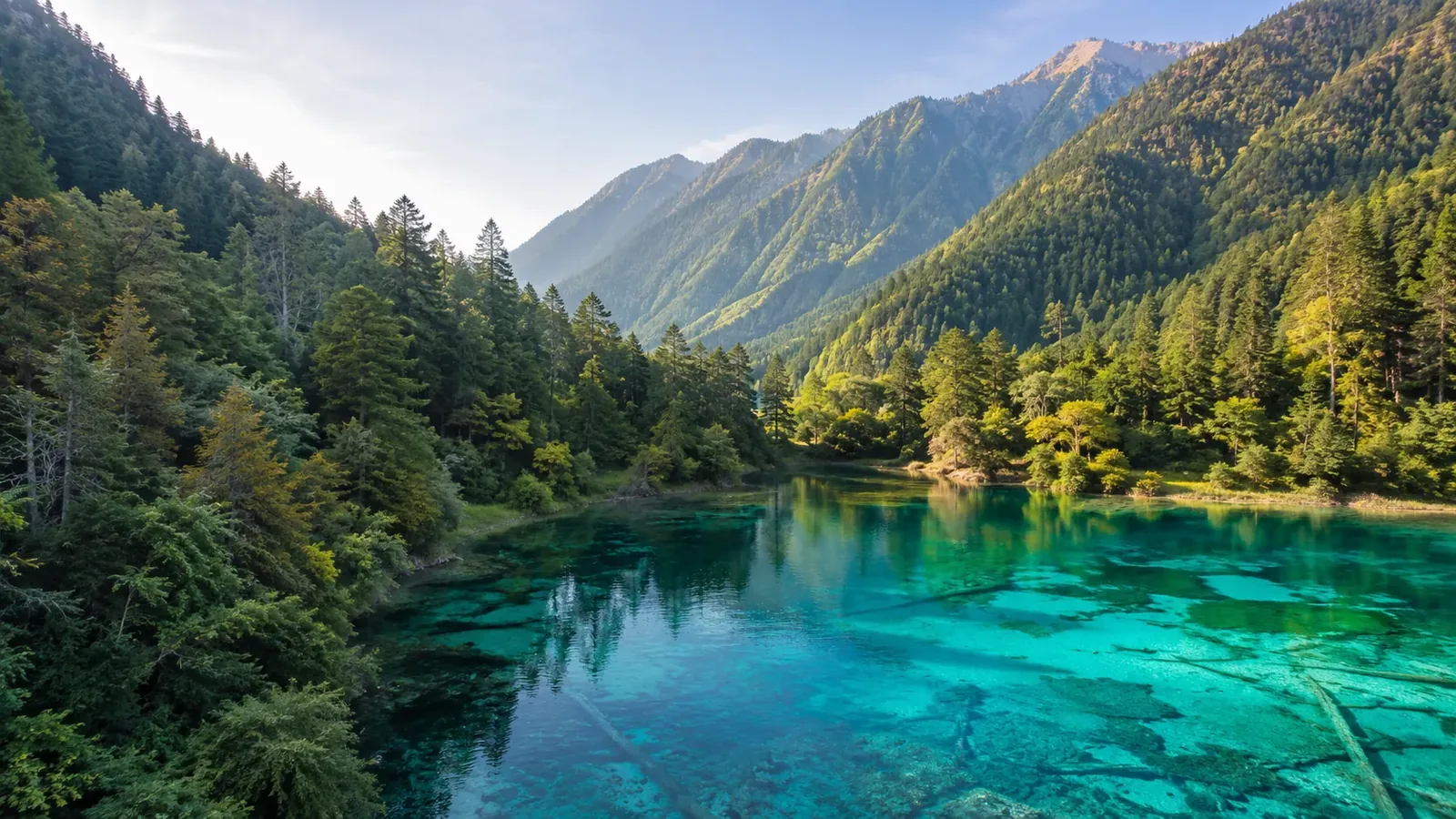 Panoramic view of Jiuzhaigou Valley with a clear blue lake, forested slopes and distant mountains