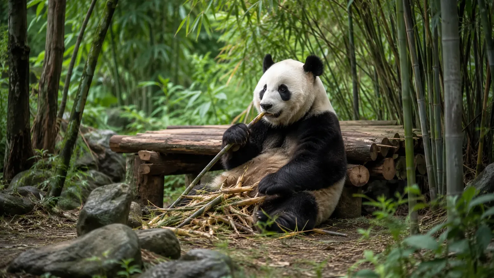 Giant panda resting among bamboo at the Chengdu Research Base of Giant Panda Breeding
