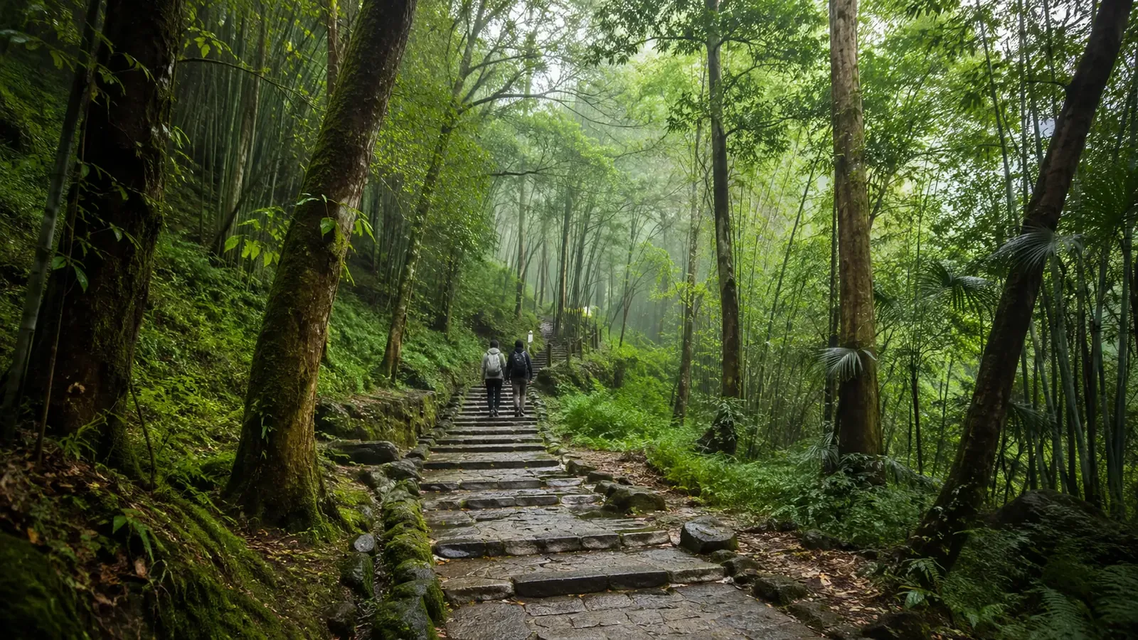 Forest path and green slopes on Mount Qingcheng near Chengdu during a quiet daytime walk