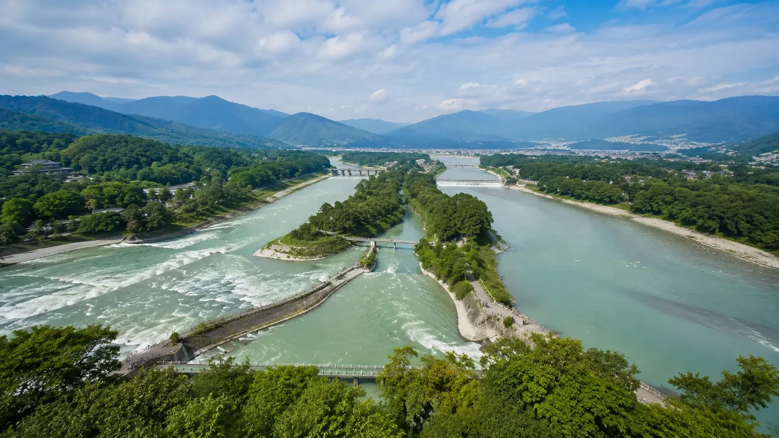 Dujiangyan Irrigation System with flowing river channels and surrounding green mountains in Sichuan