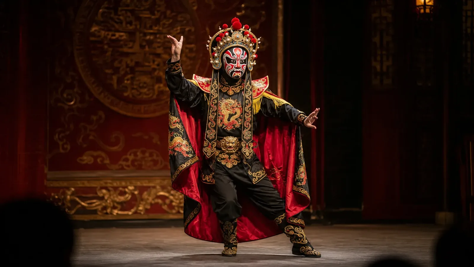Sichuan Opera performer in a traditional face-changing costume on a warmly lit stage in Chengdu