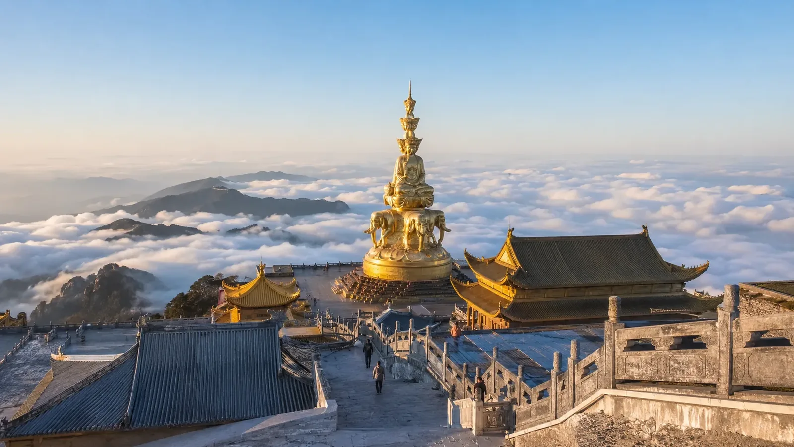 Golden Summit buildings and cloud-filled mountain views on Mount Emei in Sichuan