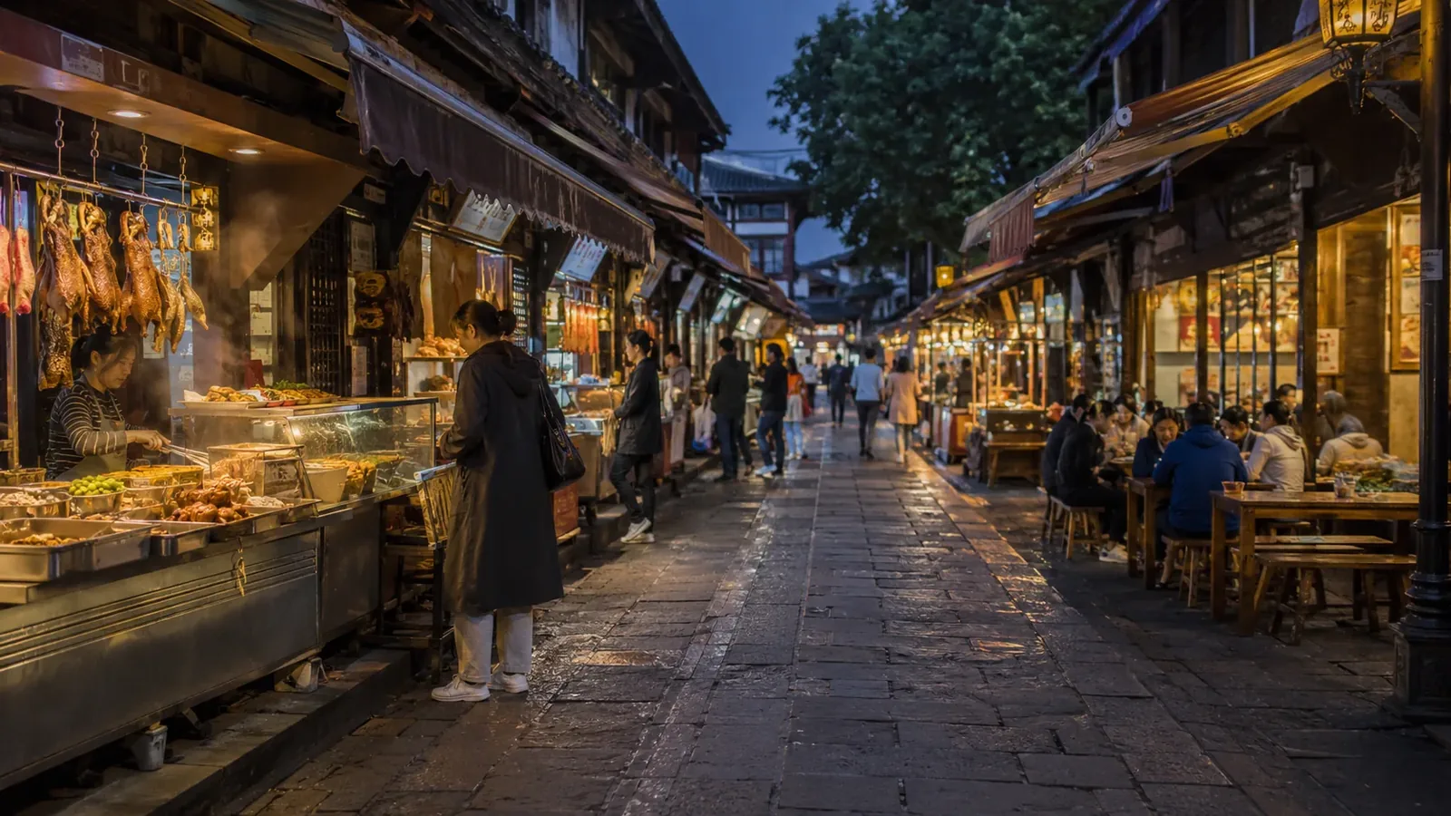 Evening street scene with local snacks and diners in a Leshan food district, Sichuan