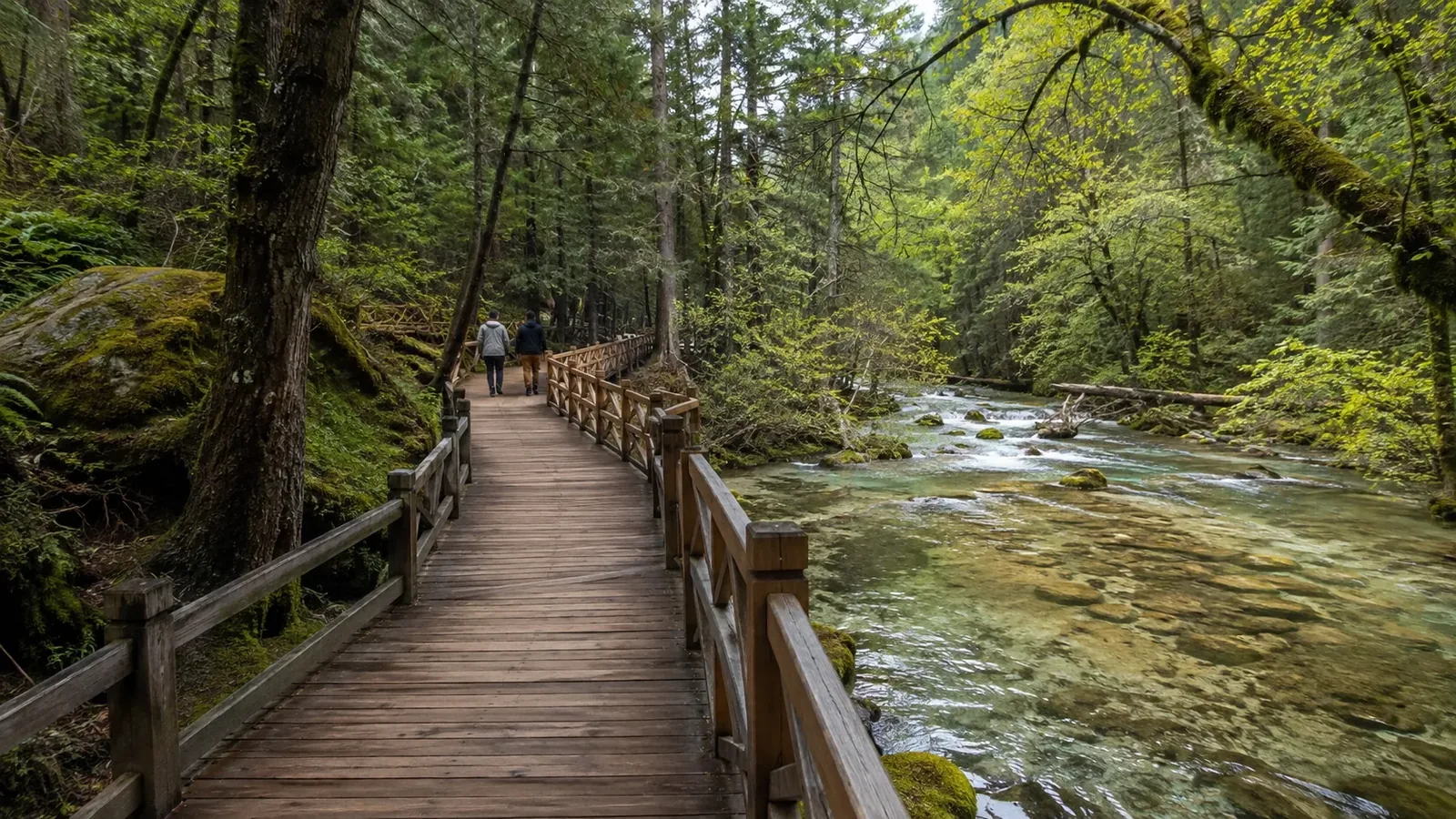 Forest boardwalk through a peaceful green valley in Jiuzhaigou Scenic Area, Sichuan